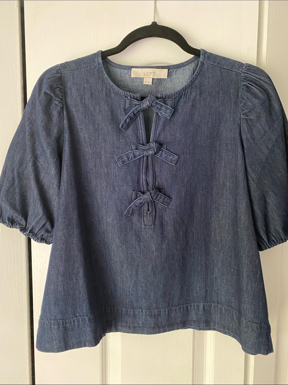 LOFT Indigo Chambray Bow-Tie Peasant Blouse
